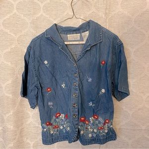 Floral Embroidered Blue Cotton Shirt